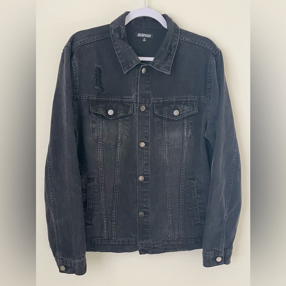 Elwood Oversized Distressed Black Denim Button Up Jacket